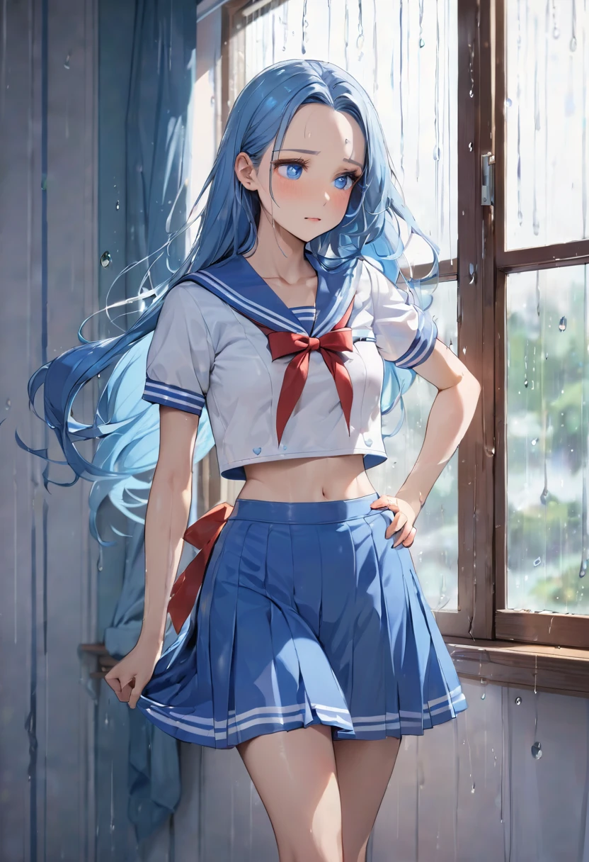 (back beautiful hip style) (solo:2 ,15 yo forehead blue hair long hair lovely girl, cute blue eyes, looking at out the window, sexy hip line), (in a summer sailor suit, skirt, red ribbon), break, in the bedroom, background out side of rain:1.2, BREAK, perfect anatomy, masterpiece, best quality, 16k, beautiful detailed rainy, daydreaming expression.