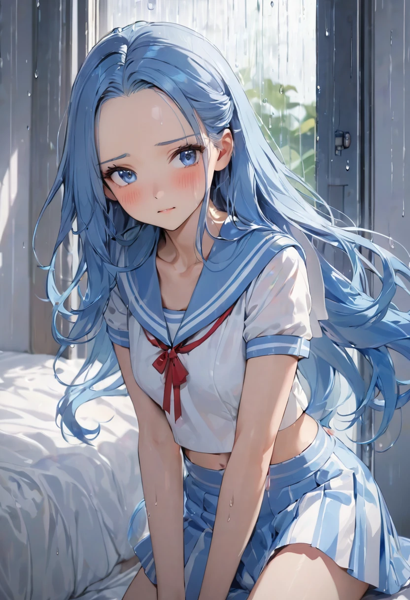 (back beautiful hip style) (solo:2 ,15 yo forehead blue hair long hair lovely girl, cute blue eyes, looking at out the window, sexy hip line), (in a summer sailor suit, skirt, red ribbon), break, in the bedroom, background out side of rain:1.2, BREAK, perfect anatomy, masterpiece, best quality, 16k, beautiful detailed rainy, daydreaming expression.