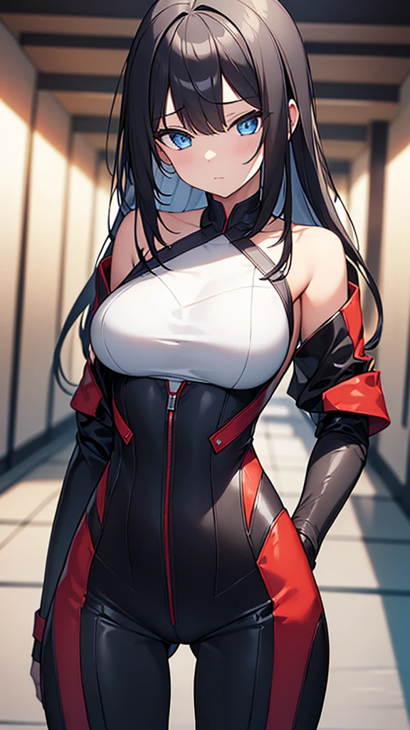 (Highly detailed CG Unity 8k wallpaper,masterpiece),(Best lighting, Best Shadow, Very delicate and beautiful),(One girl),blue eyes, Ample breasts, Black Hair,Red and black off-the-shoulder SF bodysuit,Neck Seal,High-tech sci-fi corridor, Dynamic pose, Detailed Machinery, Sleek design., {{An extraterrestrial lifeform preys on girls and takes their place}}, Unknown sensation, Feels good, Vigorous movement, more, instinct, Female fall, Shaking breasts, NSFW