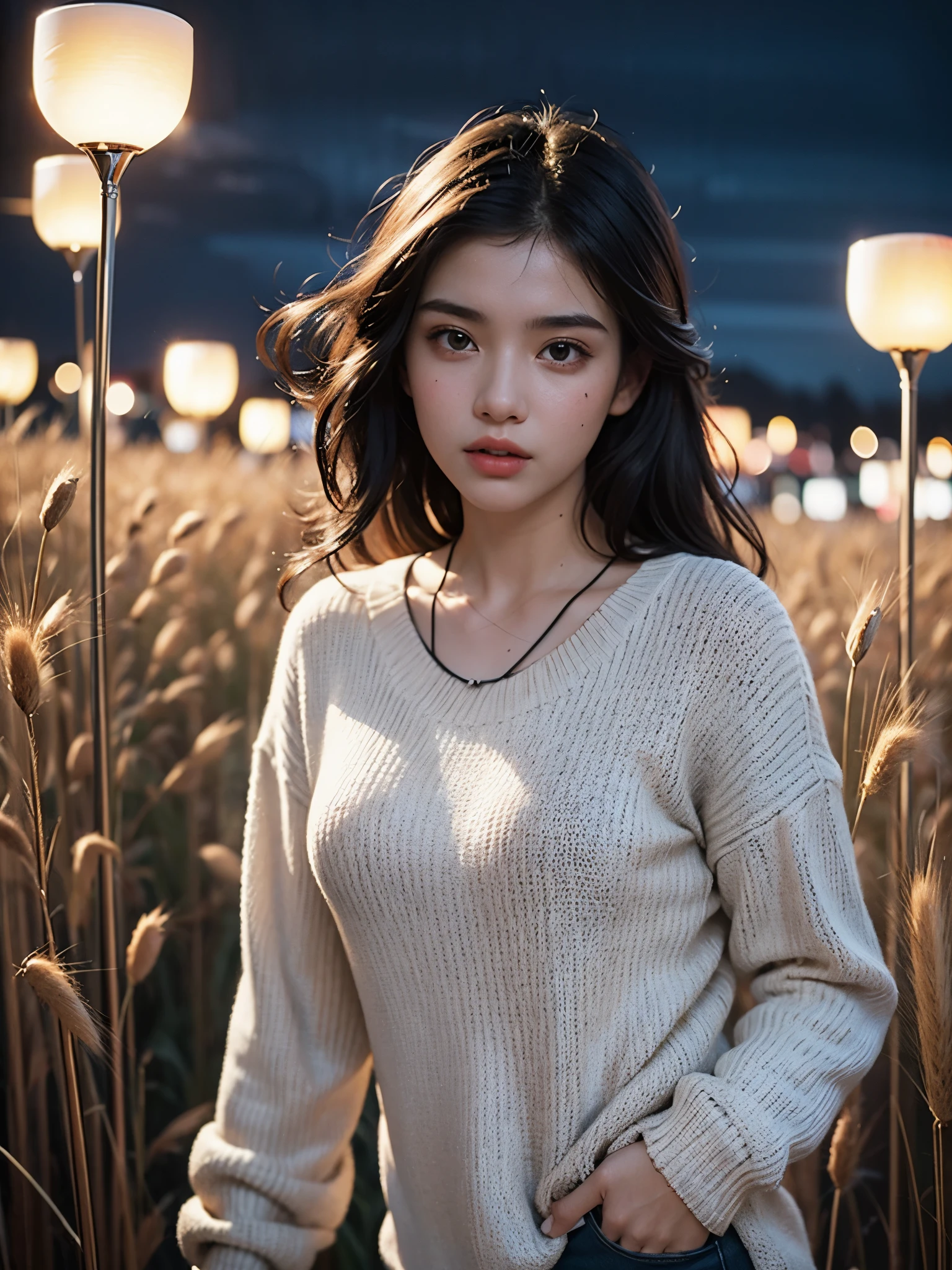 a beautiful woman，23 years old，A man standing in a vast wheat field，Tachibana crimson long-haired，Hair is messy and floating，Green eyes，Full body female love，（大Red loose sweater），Loose slacks，Sweater flutters，Edge light，（Fainting with long hair：1.5），best quality，tmasterpiece，Ultra-high resolution），（realisticlying：1.4），Slim，（shiny skin），（The woman's face looks up at the sky），Top fashion，（（Red loose sweater）），Autumn weather，Light Solution，（beautifulface：1.1），delicate eyes，lusciouslips，Depth of Field、Bokeh，author（James S. c. Christensen：1.2|Jeremy Lipkin：1.1），octane，sky sky，Star（sky sky），Starry Sky，night，Night Sky，solo，Exterior，​​clouds，galactic