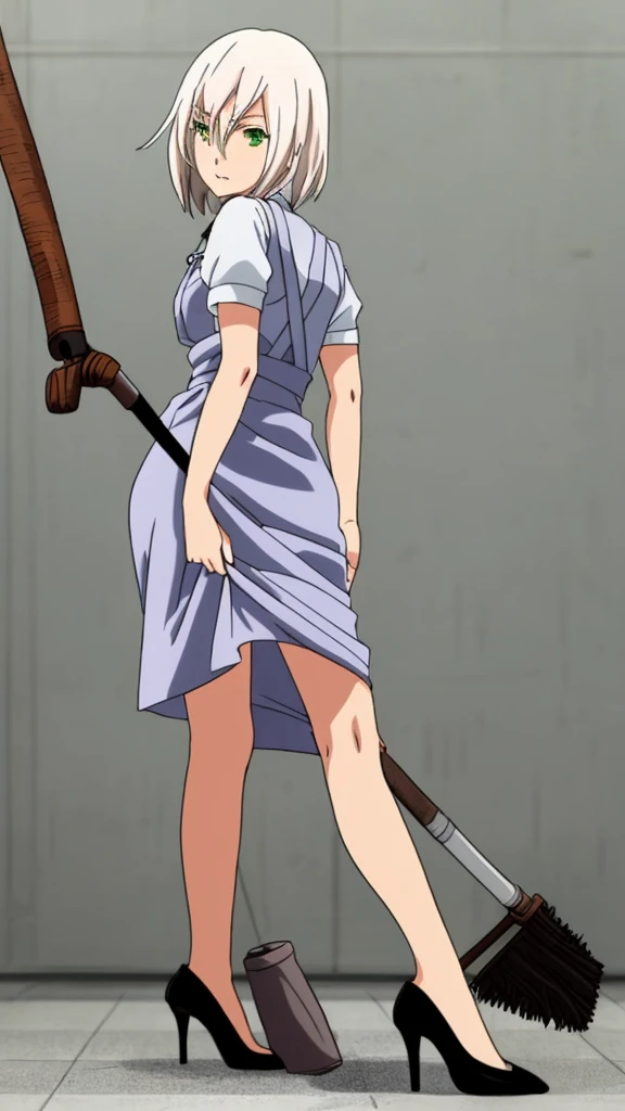 a 24-year-old anime girl with white hair and green eyes wearing a janitor's dress and high heels