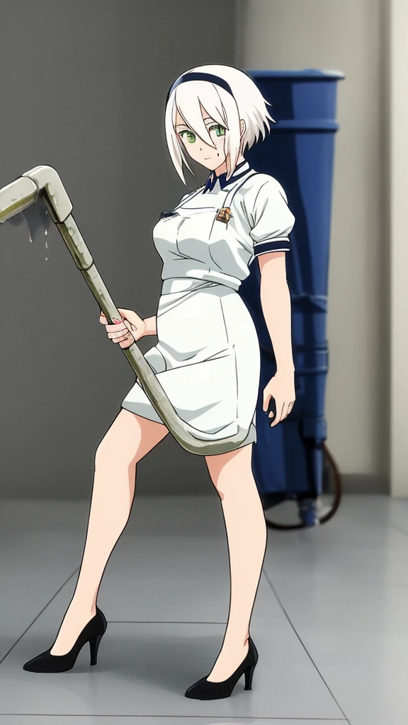 a 24-year-old anime girl with white hair and green eyes wearing a janitor's dress and high heels