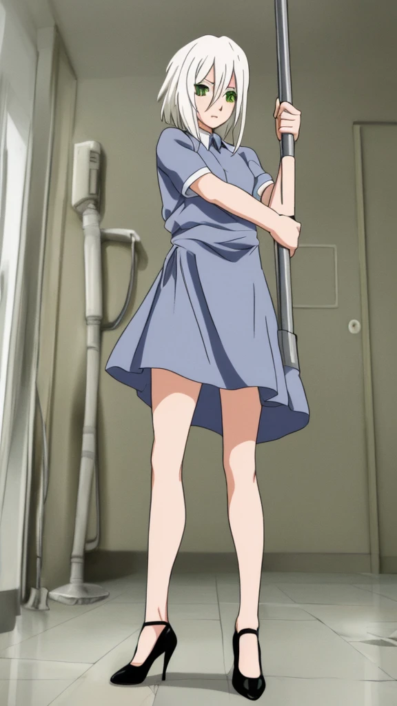 a 24-year-old anime girl with white hair and green eyes wearing a janitor's dress and high heels