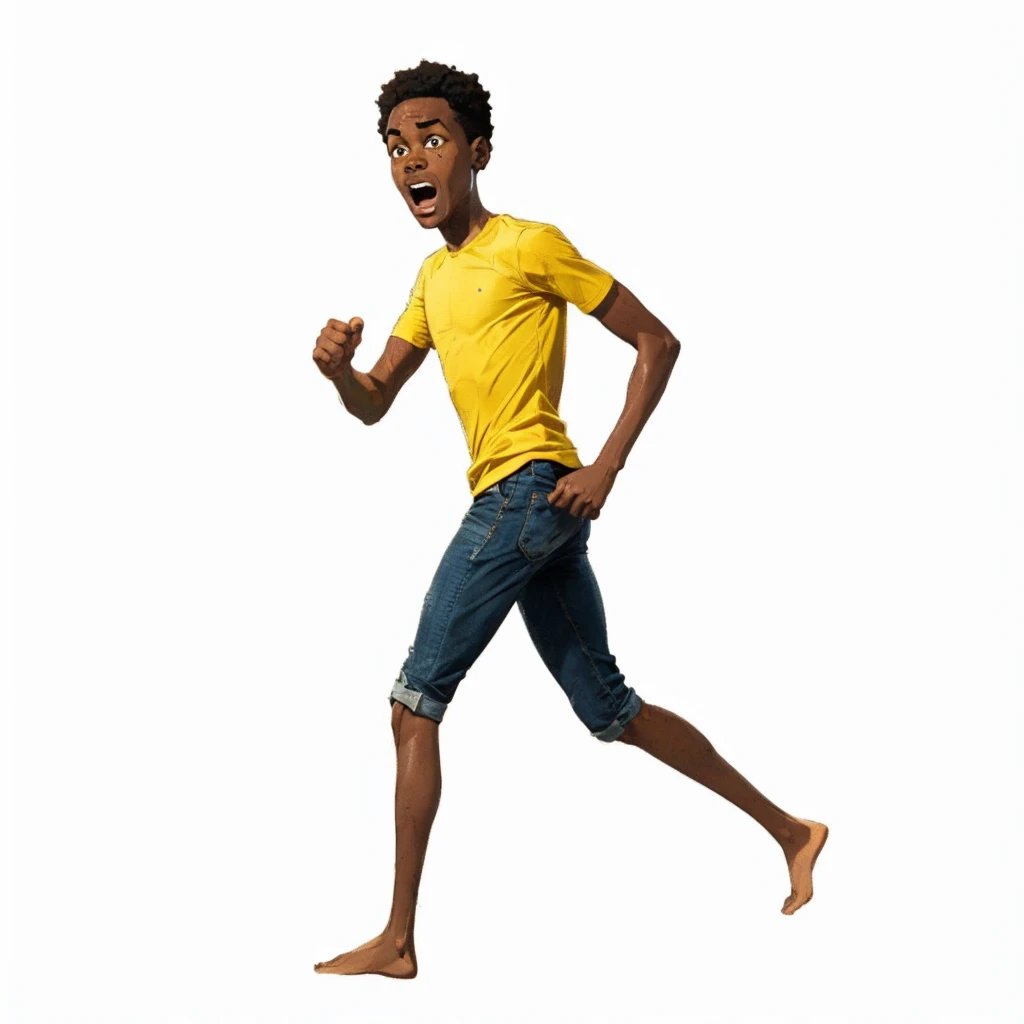 A black boy wearing a yellow shirt running scared and afraid