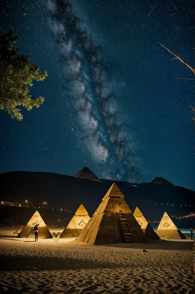 Harry Potter type poster on a beach with pyramids on one side on a starry night