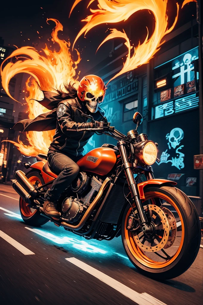 A vivid and captivating anime illustration of Ghost Rider on a flaming motorcycle, with a fierce expression and glowing skull. The background is a cityscape with graffiti-style typography proclaiming 'Ghost Rider is here! ' The illustration is adorned with vibrant colors and dynamic lines, creating a sense of speed and intensity. The overall atmosphere is a thrilling blend of supernatural and urban elements. , illustration, anime, vibrant, typography, graffiti