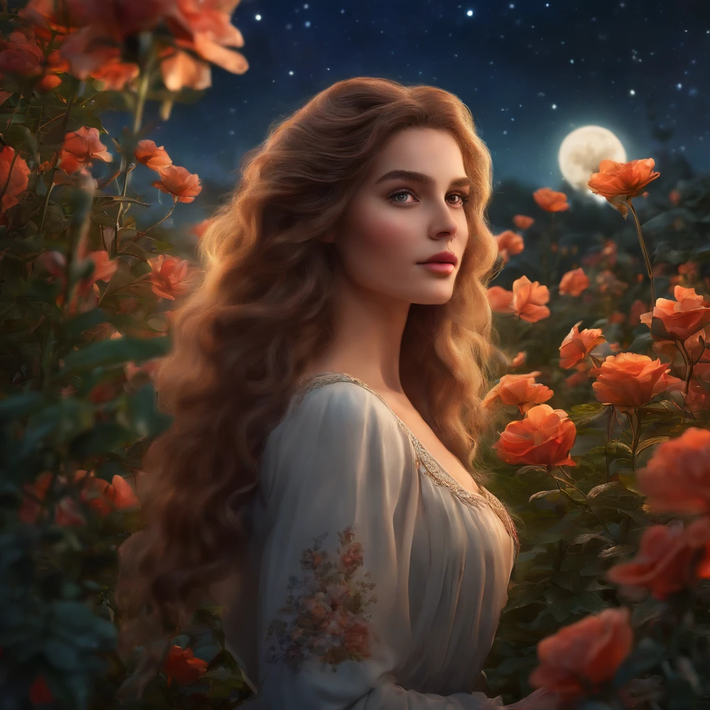 a beautiful girl in a flower garden, detailed background, starry night sky, detailed face, detailed eyes, detailed lips, detailed hair, beautiful detailed environment, high resolution, 8k, photorealistic, masterpiece, cinematic lighting, vibrant colors, fantasy art, concept art, digital painting