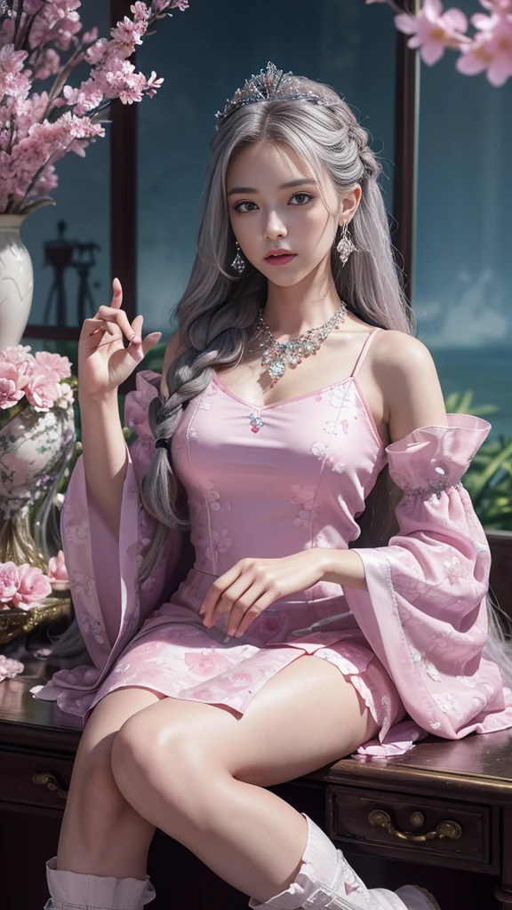 (masterpiece, best quality: 1.4), Detailed background, crystal, crystal Cluster, Long hair, Jewelry, earrings, necklace, crown, bride, hair, Halo, (Overlooking), Dynamic Angle, Extremely detailed, illustration, close up, Direct observation, 1 Girl, (fantasy: 1.4), (Delicate eyes: 1.233), Her eyes shone like dreamy stars, (Glowing eyes: 1.233), (Beautiful and delicate eyes: 1.1), (Silver hair: 1.14), (Messy hair, Very Long hair, French Braid, 两眼之间的hair, Lateral hair), (Flowering: 1.14)), (Chiffon Dress, Evenly spaced pink floral pattern)/= (military uniform: 1.24), (Slit sleeves, Wide sleeves), (Fingerless gloves), Necklace, (miko knee-high socks), high-heel boots, (Poker face, Residence), (permanent), (Classical princess boudoir with dressing table floor-to-ceiling windows quaint palace), (Pink flowers, bloom), (deep sea), (flowing water), (Dark pink world tree:1.14),(ruins),(night:1.2),Dreamy,soul,(Fluorescence),(Flying translucent pink butterfly:1.15),[Slender fingers and hands:0.55]::0.85], (Finger details), (yubao:0.5)