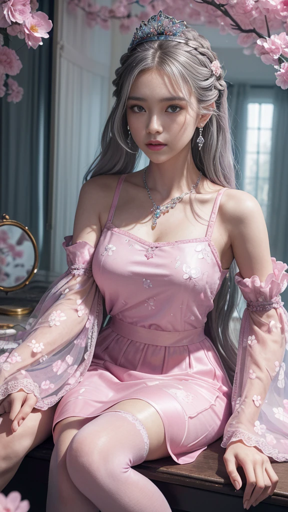 (masterpiece, best quality: 1.4), Detailed background, crystal, crystal Cluster, Long hair, Jewelry, earrings, necklace, crown, bride, hair, Halo, (Overlooking), Dynamic Angle, Extremely detailed, illustration, close up, Direct observation, 1 Girl, (fantasy: 1.4), (Delicate eyes: 1.233), Her eyes shone like dreamy stars, (Glowing eyes: 1.233), (Beautiful and delicate eyes: 1.1), (Silver hair: 1.14), (Messy hair, Very Long hair, French Braid, 两眼之间的hair, Lateral hair), (Flowering: 1.14)), (Chiffon Dress, Evenly spaced pink floral pattern)/= (military uniform: 1.24), (Slit sleeves, Wide sleeves), (Fingerless gloves), Necklace, (miko knee-high socks), high-heel boots, (Poker face, Residence), (permanent), (Classical princess boudoir with dressing table floor-to-ceiling windows quaint palace), (Pink flowers, bloom), (deep sea), (flowing water), (Dark pink world tree:1.14),(ruins),(night:1.2),Dreamy,soul,(Fluorescence),(Flying translucent pink butterfly:1.15),[Slender fingers and hands:0.55]::0.85], (Finger details), (yubao:0.5)