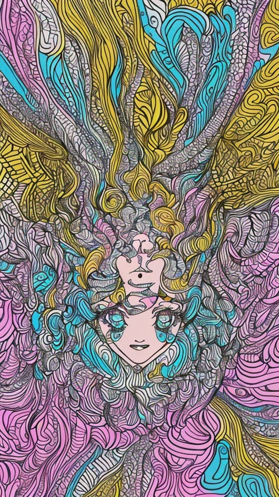 ((masterpiece:1.2, best quality)), ultra detailed, Ultra-precise depiction, Ultra-detailed depiction, (zentangle:1.2), (dynamic pose), (abstract background:1.5), wavy long hair, pink hair, 1girl, colorful, portrait, (from above:1.2)