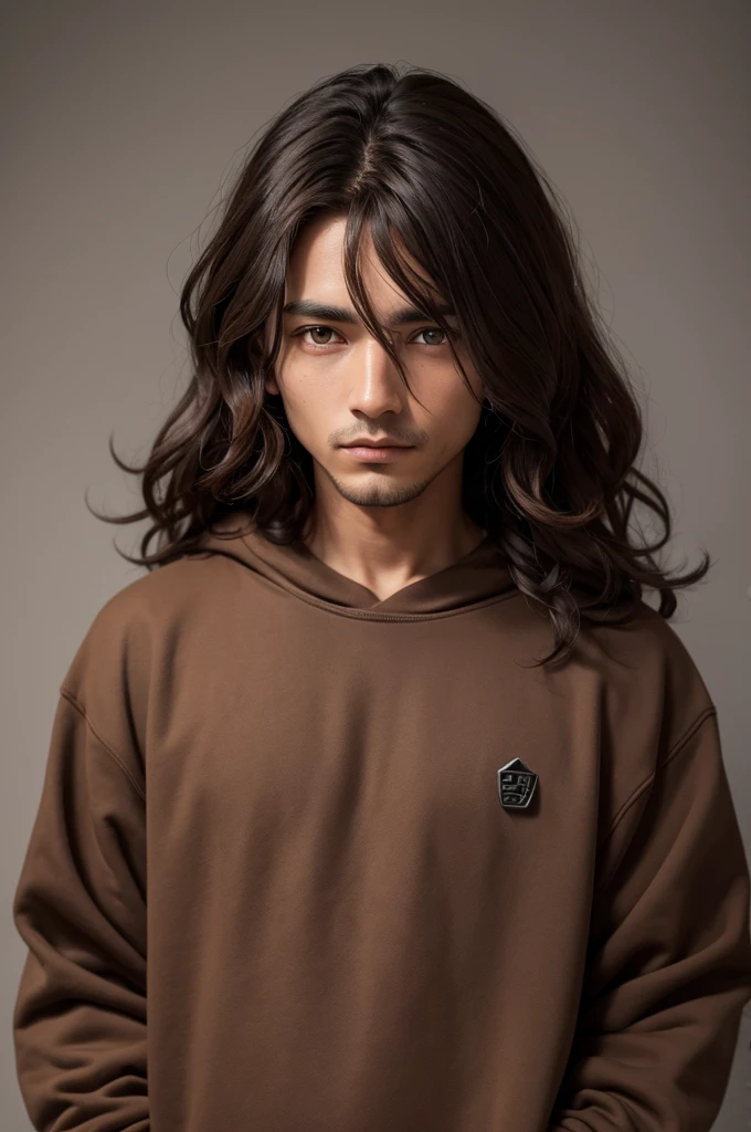 dark man, brown wavy hair, eyes browns, sweatshirt, stone elemental power, fluffly