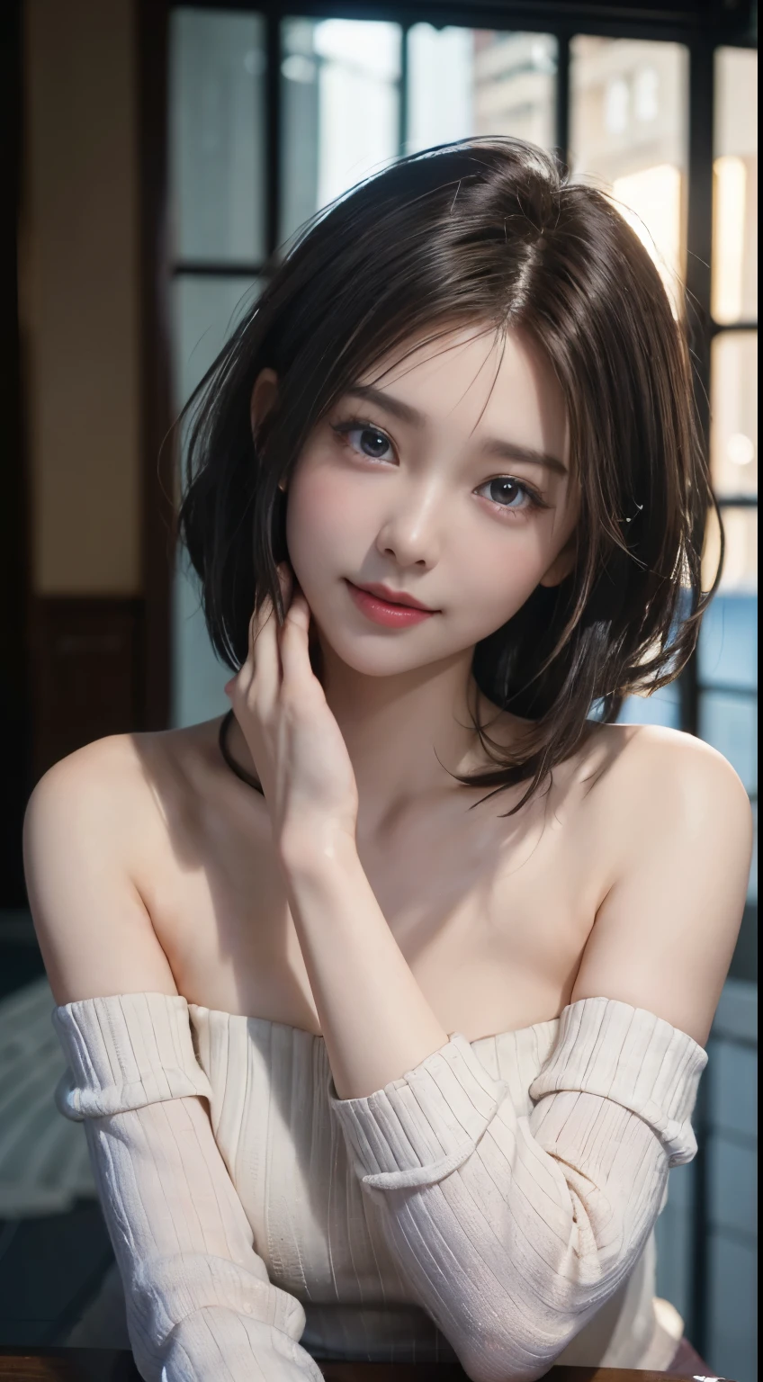 (logo, masterpiece, 8K, Tabletop, RAW Photos, wonderful, 最high quality, Photorealistic and very detailed CG composite 8k wallpaper, high quality, Very detailed, Narrative poem, Particle Effects, Dynamic Effects, Depth of the Boundary, Cinematic Light, Lens flare, Ray Tracing), short hair beautiful young woman, Hair tied back, high detail skin, very fine, fine skin texture, beautiful face, realistic eyes, beautifully detailed eyes, realistic skin, beautiful skin, surreal, smiling eyes, Hair and light eyes, Vibrant, Colorful lights and bokeh. The lighting casts a warm glow on her face and hair, Blue glow, Water surface reflection, Creates a dreamy and magical atmosphere, Big Breasts, Brown Hair, short hair, plump lower lip, pink blush on the cheeks , pink lips, brown tight no-shoulder knit sweater