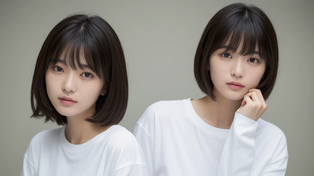(top-quality、16K resolution)1 girl、solo、natural soft light、、A Japanese Lady、Looking at the camera、Long sleeve white T-shirt、Concrete background、Facing the front、is standing、bobhair、Woman in her late s、Light bangs、short-hair、Salon model、Natural look、portlate、floated hair、Rolled hair