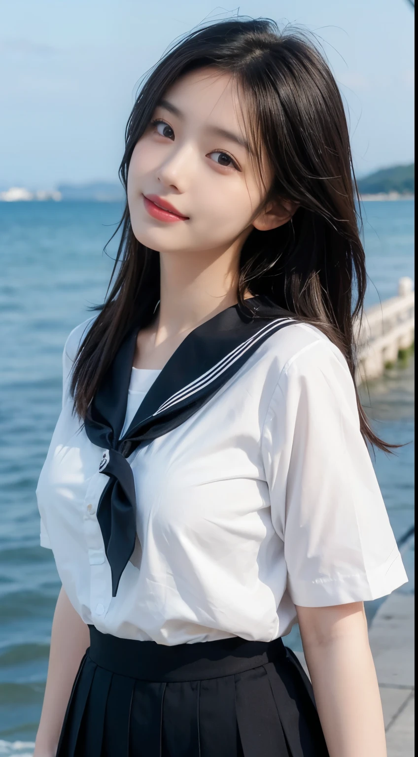 Arafed asian woman in a sailor's outfit standing by the water - SeaArt AI