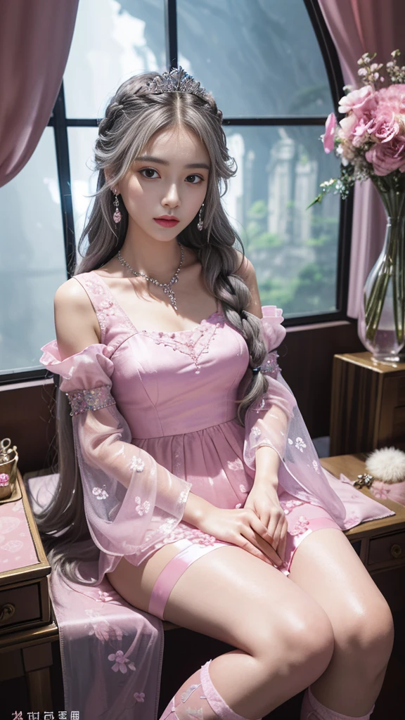 (masterpiece, best quality: 1.4), Detailed background, crystal, crystal Cluster, Long hair, Jewelry, earrings, necklace, crown, bride, hair, Halo, (Overlooking), Dynamic Angle, Extremely detailed, illustration, close up, Direct observation, 1 Girl, (fantasy: 1.4), (Delicate eyes: 1.233), Her eyes shone like dreamy stars, (Glowing eyes: 1.233), (Beautiful and delicate eyes: 1.1), (Silver hair: 1.14), (Messy hair, Very Long hair, French Braid, 两眼之间的hair, Lateral hair), (Flowering: 1.14)), (Chiffon Dress, Evenly spaced pink floral pattern)/= (military uniform: 1.24), (Slit sleeves, Wide sleeves), (Fingerless gloves), Necklace, (miko knee-high socks), high-heel boots, (Poker face, Residence), (permanent), (Classical princess boudoir with dressing table floor-to-ceiling windows quaint palace), (Pink flowers, bloom), (deep sea), (flowing water), (Dark pink world tree:1.14),(ruins),(night:1.2),Dreamy,soul,(Fluorescence),(Flying translucent pink butterfly:1.15),[Slender fingers and hands:0.55]::0.85], (Finger details), (yubao:0.5)