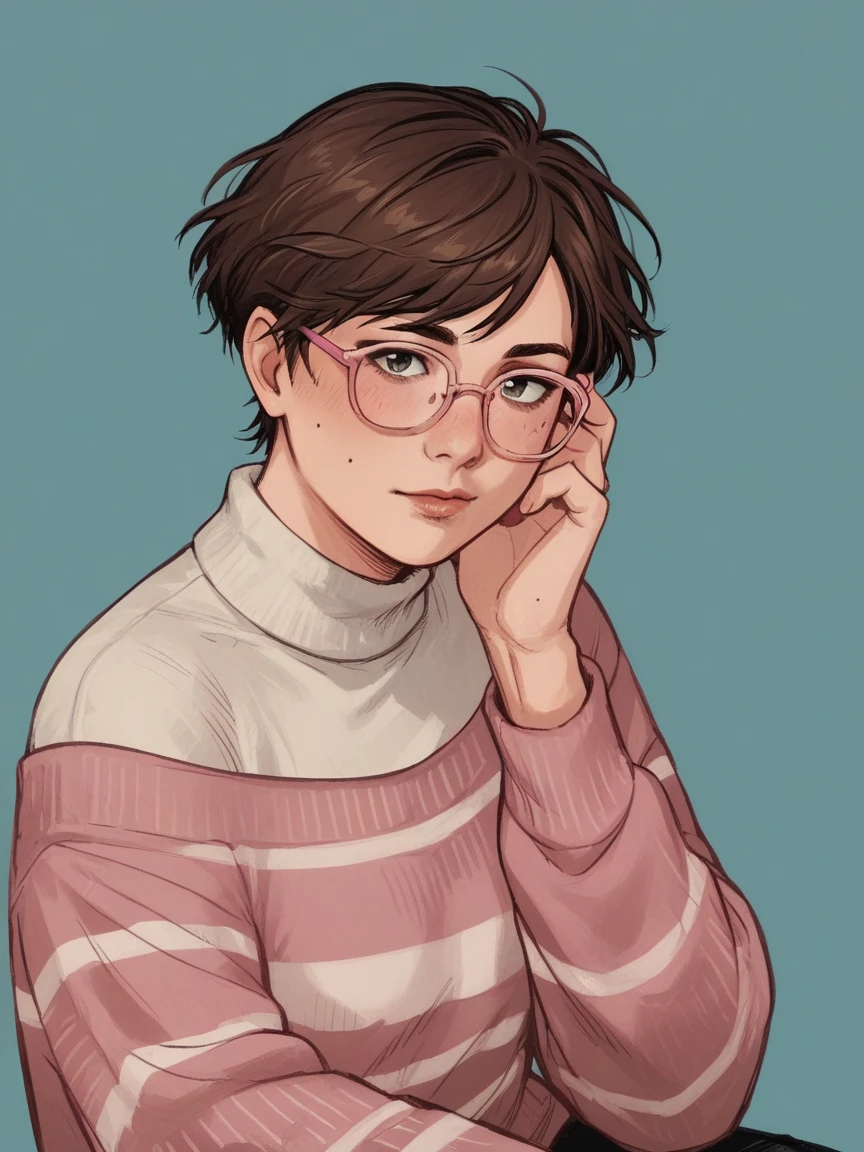 score_9, score_8_up, score_7_up, score_6_up, score_5_up, score_4_up, wh33z13, 1woman, white skin, Brown short hair, pink striped sweater, rosé glasses