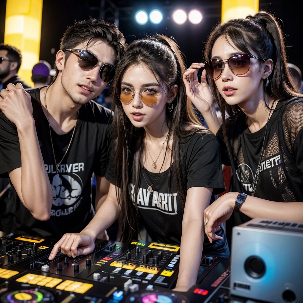 Two 25 year old DJ friends, casal, happy, with sunglasses, putting sound at a rave