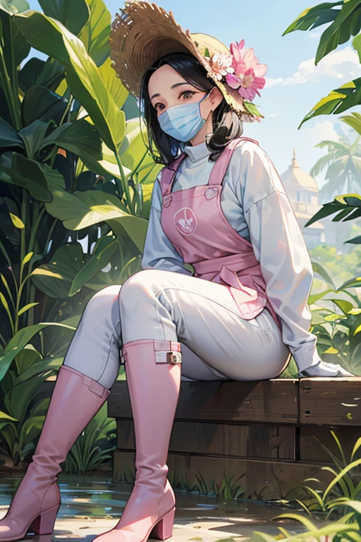 A broad-forehead, black-haired mature woman wearing pink long rubber gloves, white rubber boots, a white apron, a hat, jeans, a mask, a sweatshirt and a gentle smile as she plants rice