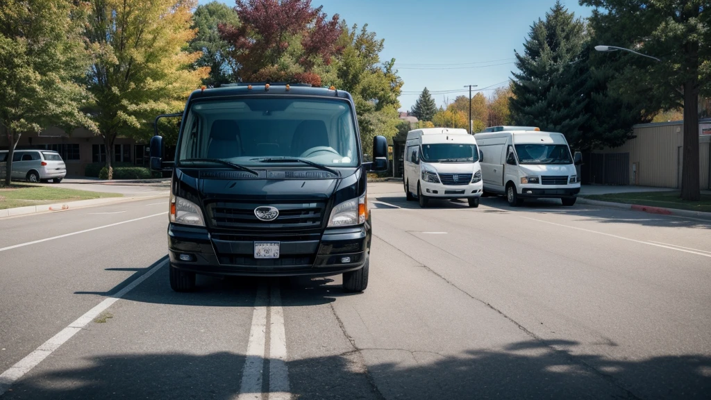 Parking lot at a school in the fall, there is a black van and a right in front of the van