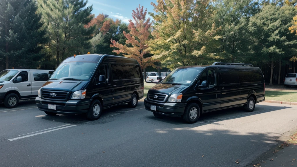 Parking lot at a school in the fall, there is a black van and a  right in front of the van