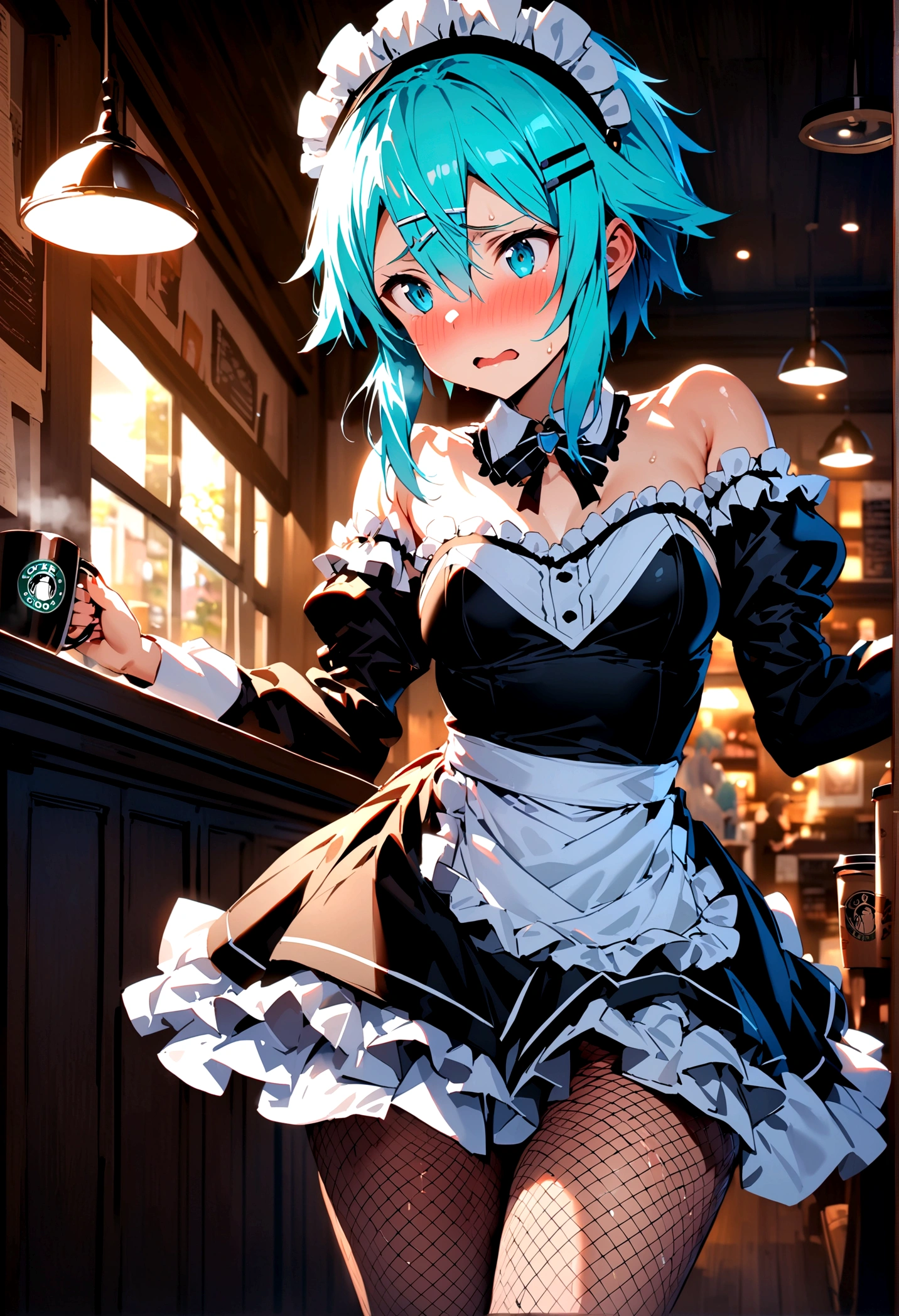 NSFW,masterpiece,Highest quality,High resolution,Super detailed,Sinon\(Sword Art Online\),(Maid clothes),Off the shoulder,cropped,Micro Mini Skirt,Headdress,Fishnet tights, hair ornaments, Hair Clip,Embarrassed,expectant face,Rutting Eyes,sexual excitement,blush,Coffee shop,old-fashioned room