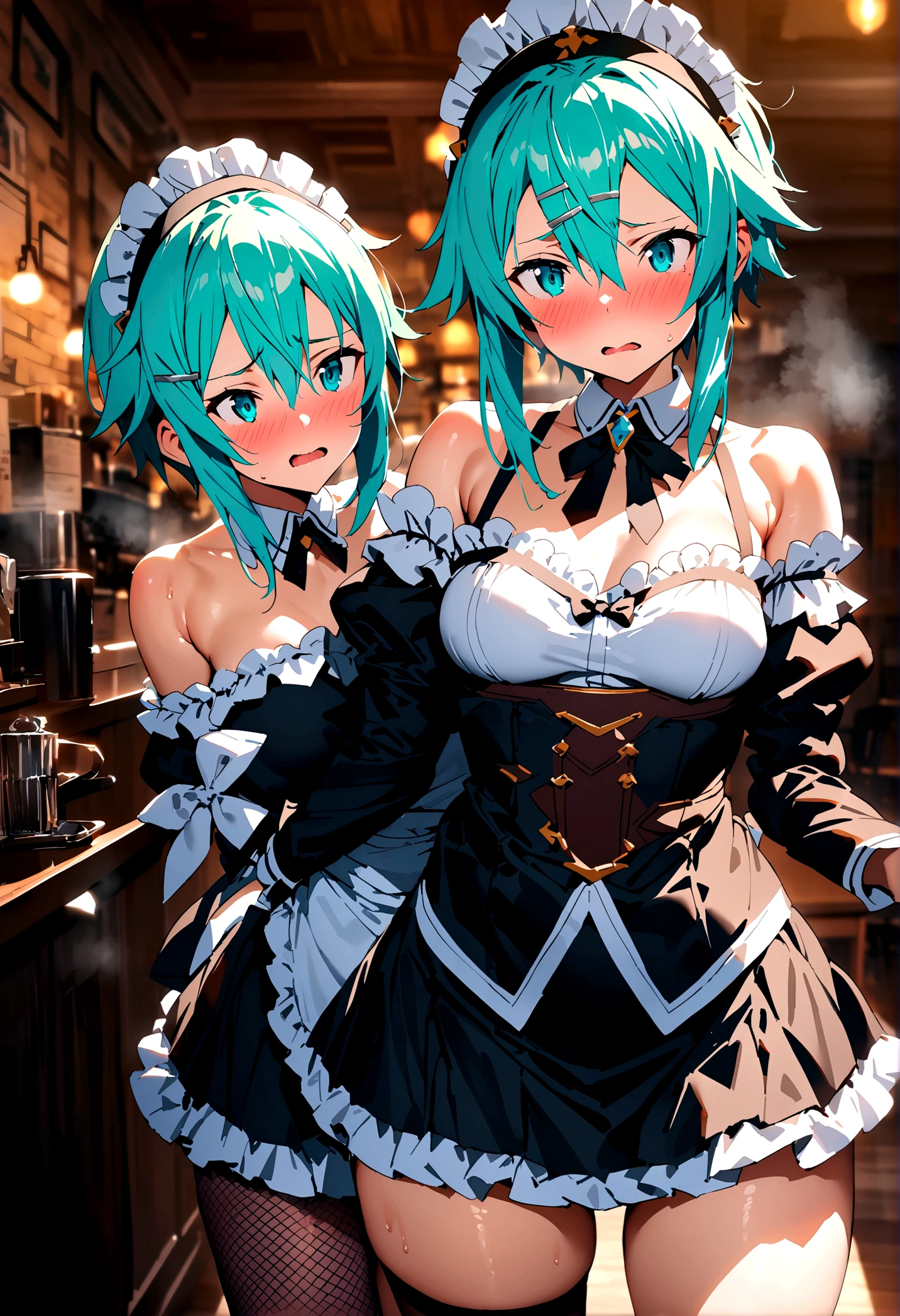 (1girl, yuri alpha:1.0), (anime overlord:2.0), (solo:1.4), (maid dress), (64k, UHD, Raw photo, highes, Best Quality, mastepiece:2.0), (Ultra-fine depiction of details:3.0), (a serious, loyal, hard-working maid head, the vice-captain of the "Pleiades Six Stars", the battle maid squad of the Great Tomb of Nazarick), (she is a ((battle maid)), which means she is not only a maid but also a fighter who is specialized in close combat, {a master of martial arts} to expel enemies that invade the Great Tomb of Nazarick), (a beautiful, slender, woman with an intelligent look:1.5), (black hair1.6), (elegant, vivid blue bowtie, ribbon:1.3), (green wristband), (She is equipped with a pair of spiked gauntlets:1.9), (The gauntlets are highly elaborately designed, dark emerald green:1.9), (perfect face, perfect body, perfect figure, pink lips, slight blush), (cool, intellectual glasses), (slightly glowing blue eyes:1.3), (shiny sleek long hair, single hair bun, single braid bun, double bun), (silky, high-quality, majestic, gothic, ((low-key)), simple, maid dress:1.9), (vivid blue gothic style choker:1.3), (pure white maid apron:1.6), (gigantic breasts:1.2), (cleavage:1.0), inhouse, studying the orders issued by the master of [the Great Tomb of Nazarick, Ainz Ooal Gown], the room is filled with solemn atmosphere, ((long shot, full body shot:2.0)), (perfect lighting,)