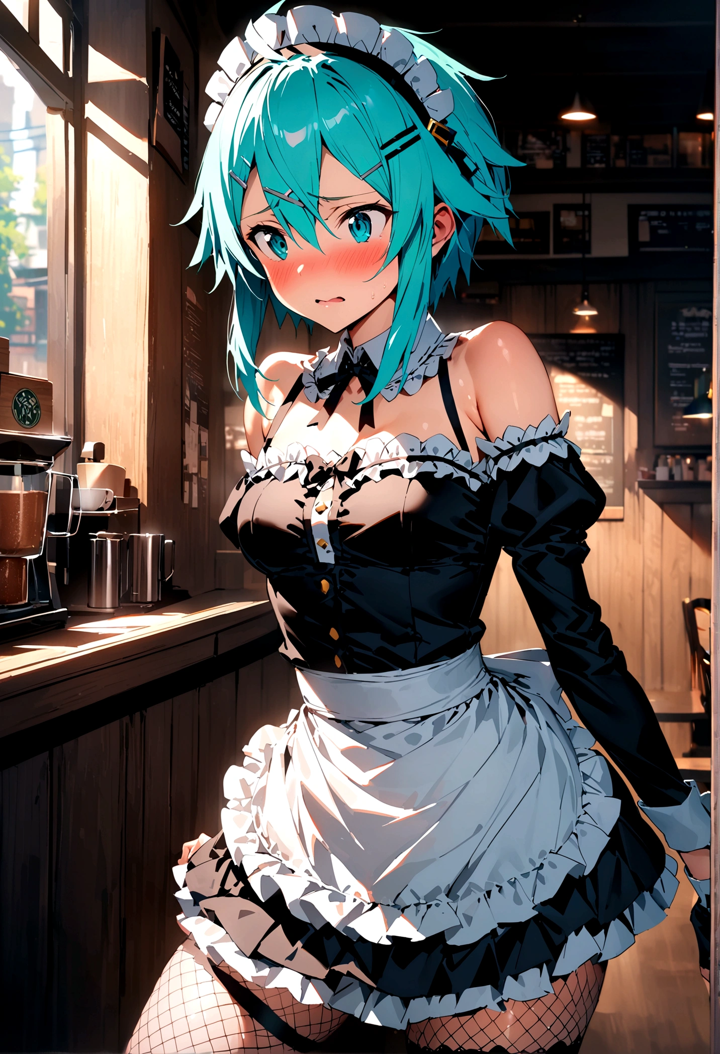 NSFW,masterpiece,Highest quality,High resolution,Super detailed,Sinon\(Sword Art Online\),(Maid clothes),Off the shoulder,cropped,Micro Mini Skirt,Headdress,Fishnet tights, hair ornaments, Hair Clip,Embarrassed,expectant face,Rutting Eyes,sexual excitement,blush,Coffee shop,old-fashioned room