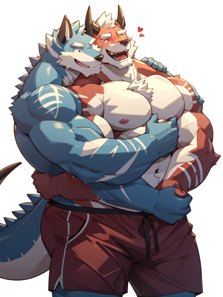 4k, high resolution, best quality, perfect colors, perfect shadows, white background, 2boy, mature male, 40s, bara, beard, thick eyebrows, furry, dragon, horn, tail, shirtless, shorts, long hair, blushing, shy, smiling, laughing, hugging, love, gay love, yaoi, muscular, huge muscles, muscular ass, broad shoulders, navel hair, pectoral hair, hug from behind, back hug,resting chin on anothers shoulder, masterpiece, full-body shot,(best quality), good anatomy, (chubby:1)