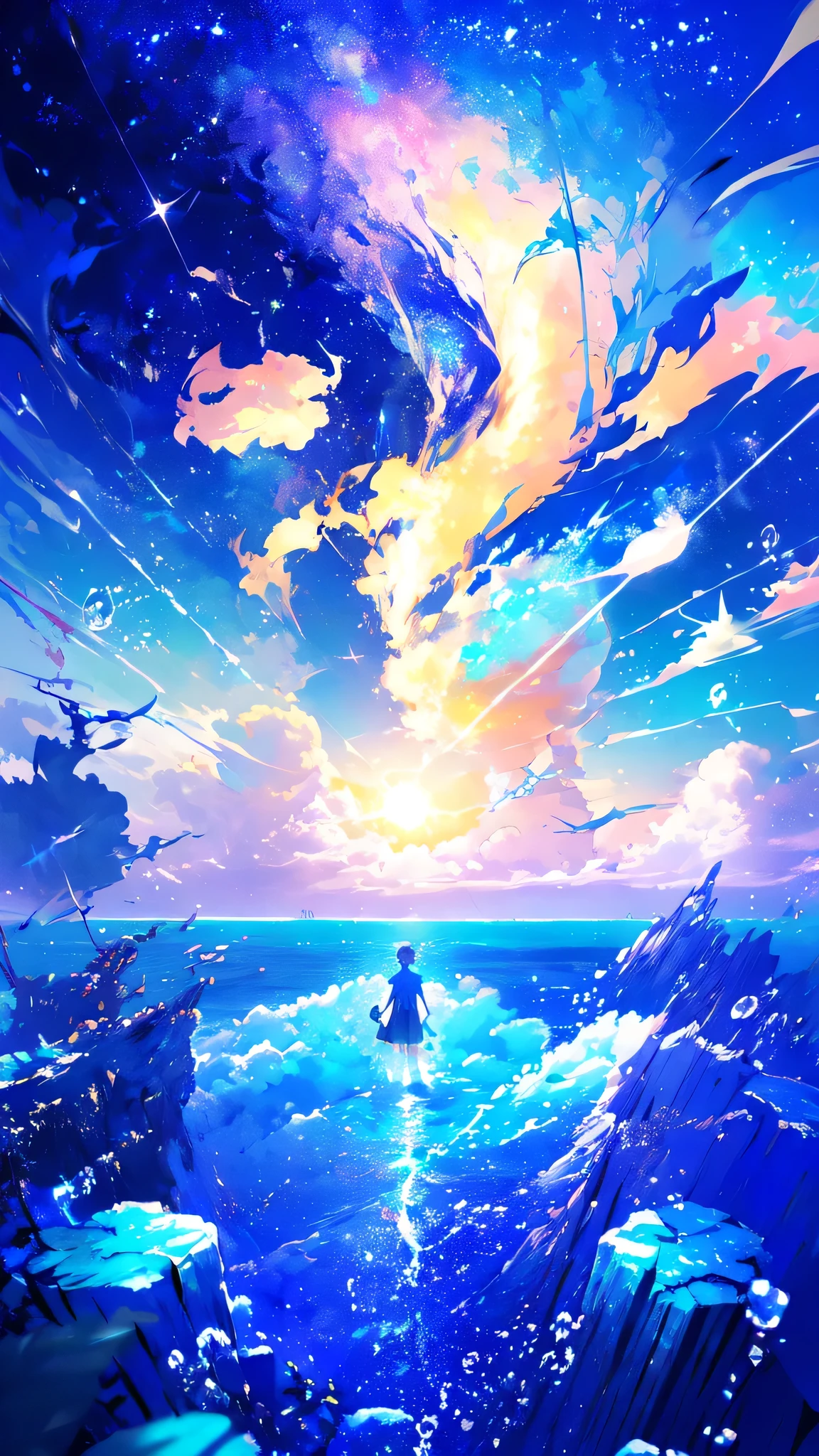 -scenery, 1girl, sky, Star (sky), Highest Resolution、鈴、Sunlight from above, Morning, solo,Fine starry sky、 city lights, Starry sky, Fine bubbles、night sky, bubble, watercraft, outdoors, short hair, ocean, Big cloud,coloured glaze,