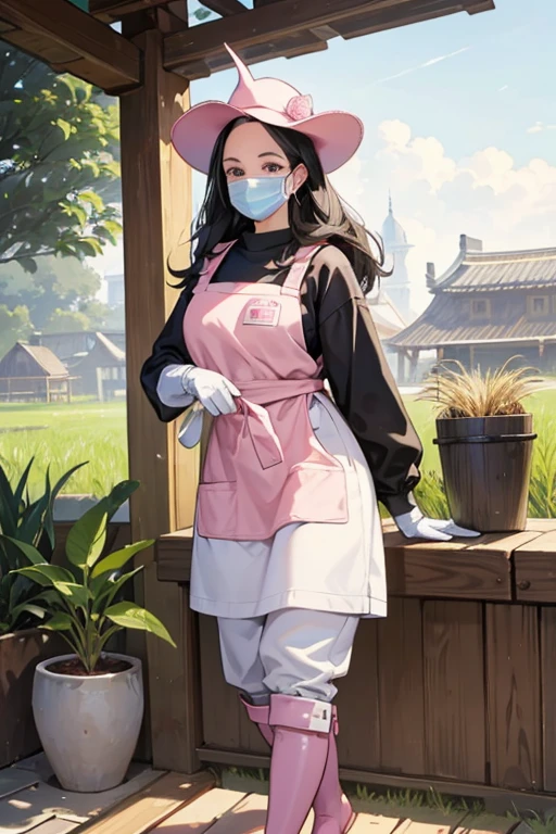 A broad-forehead, black-haired mature woman wearing pink long rubber gloves, white rubber boots, a white apron, a hat, jeans, a mask, a sweatshirt and a gentle smile as she plants rice