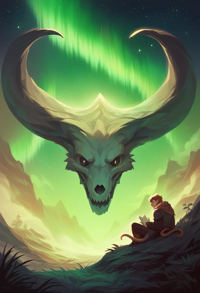 ((work of art)),((best qualityer)),((high détail)),((realisitic)), ((Cover for a book)) A forest at night, a star shining in the middle, on the right side an aurora borealis , on the left side a skull