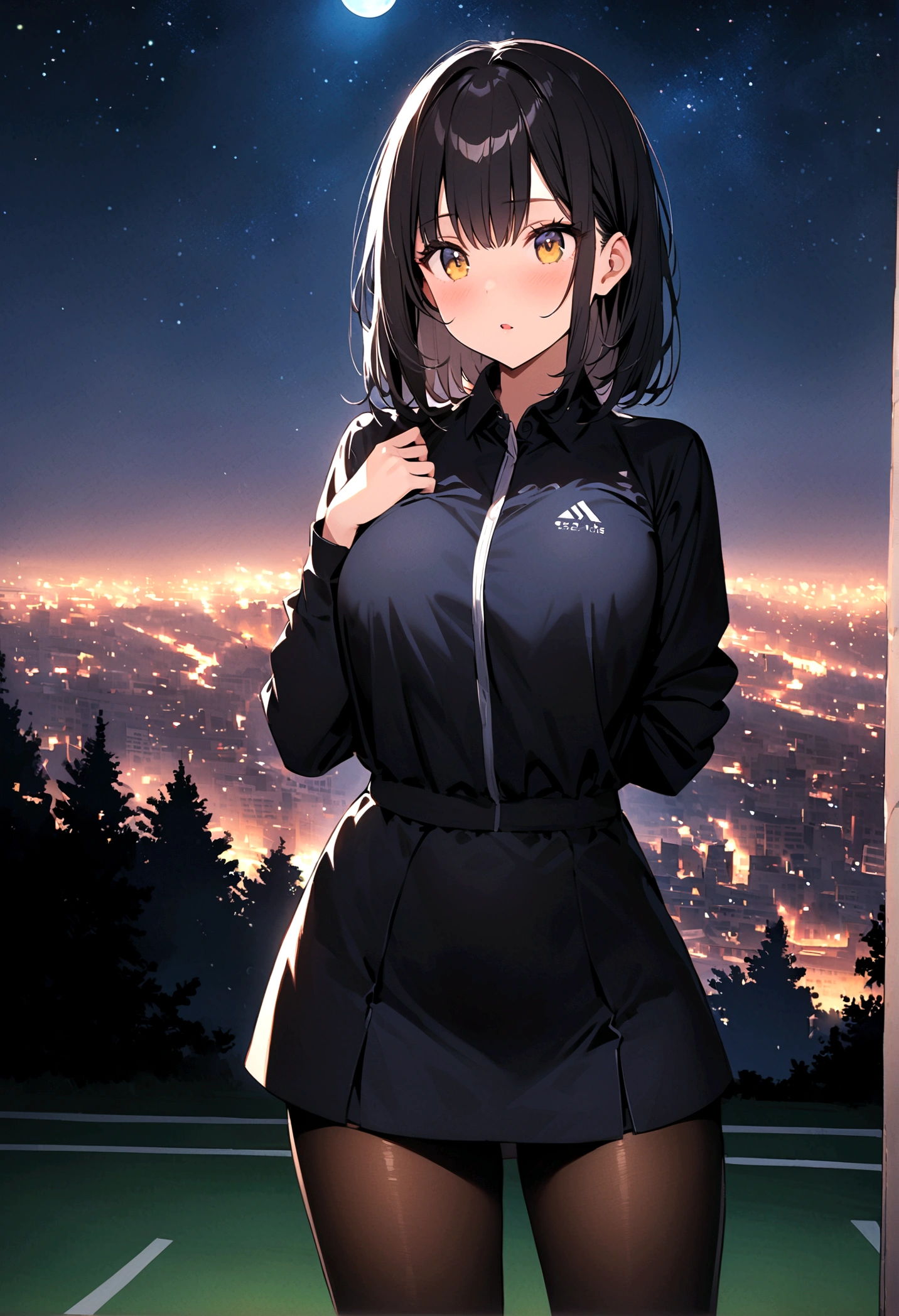 1 female、woman with very long black hair、Busty women、Spectacular views、Night Scene、The view from the top of the hill、Full moon night sky、swirling starry sky、８K、Best Quality、The woman&#39;s whole body is in the photo、The woman is wearing a miniskirt and her crotch is visible.、Wearing pantyhose、Tennis wear standing still, staring at the ball