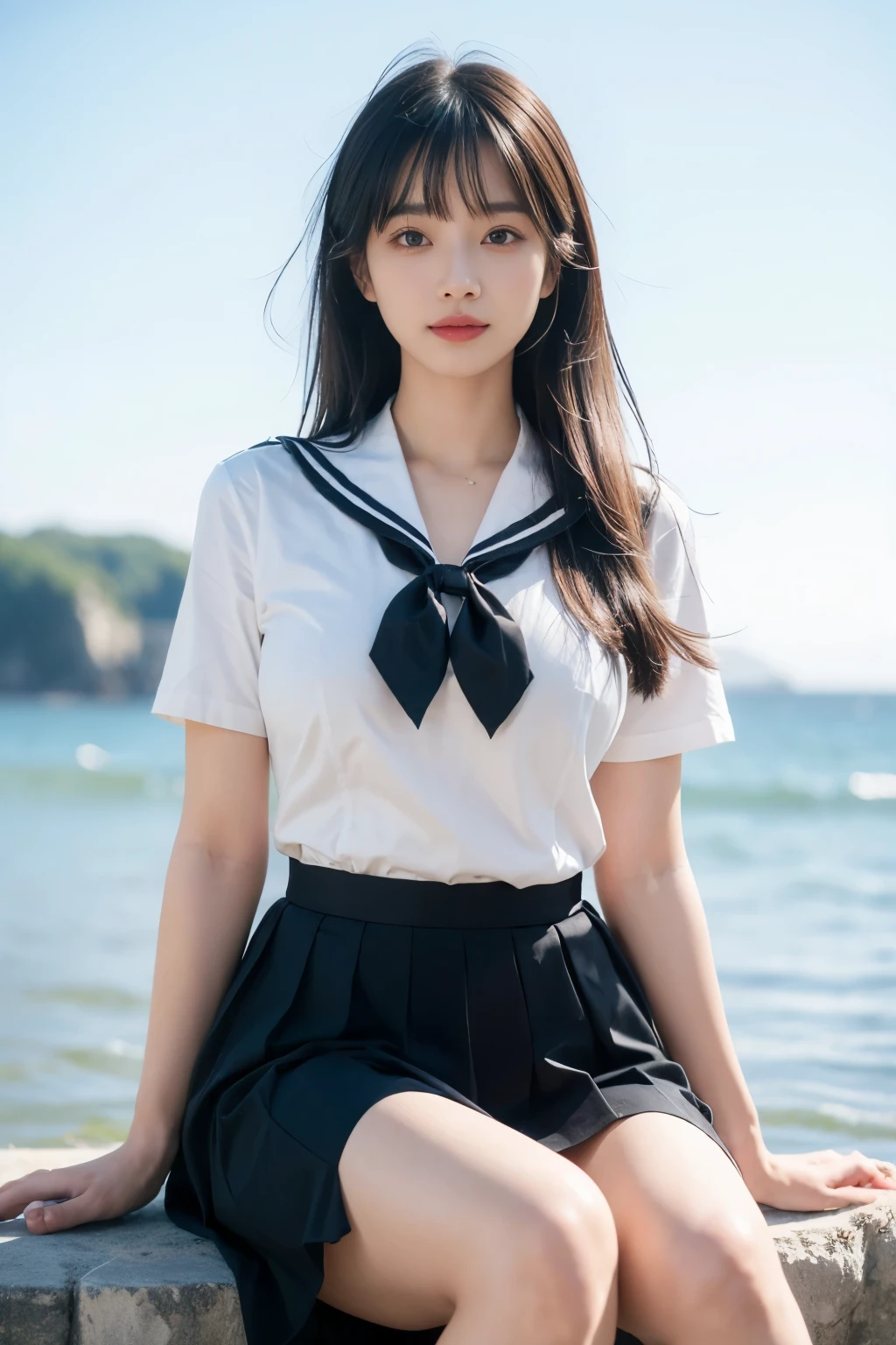 8K RAW Photos, Highest quality, masterpiece, Ultra-high resolution, 3d, Realistic, One girl, Asian, black_hair, black_Sailor_collar, length_hair, nose, School_uniform, neckerchief, Natural skin texture, light brown_eye, detailed eyes and face, lips, lipstick, smile, Beautiful feet, Huge breastss, Beautiful seaside location, (Detailed Background), Checked skirt, White shirt, Huge breasts, Blurred Background, Short sleeve