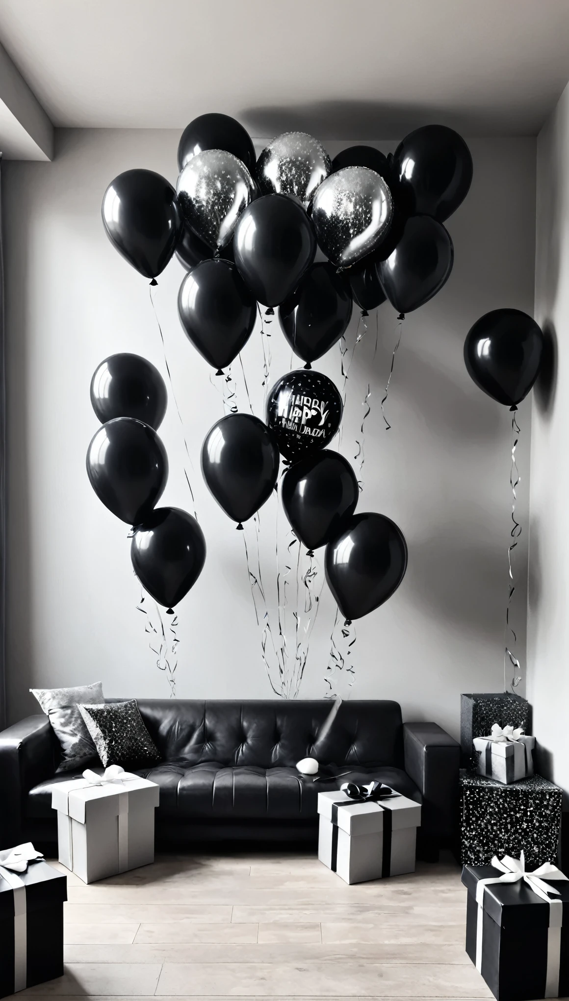 Creates an image of a room decorated with birthday gifts in elegant black and lead tones, that looks real and pretty that says happy birthday love in the background with balloons on the ceiling
