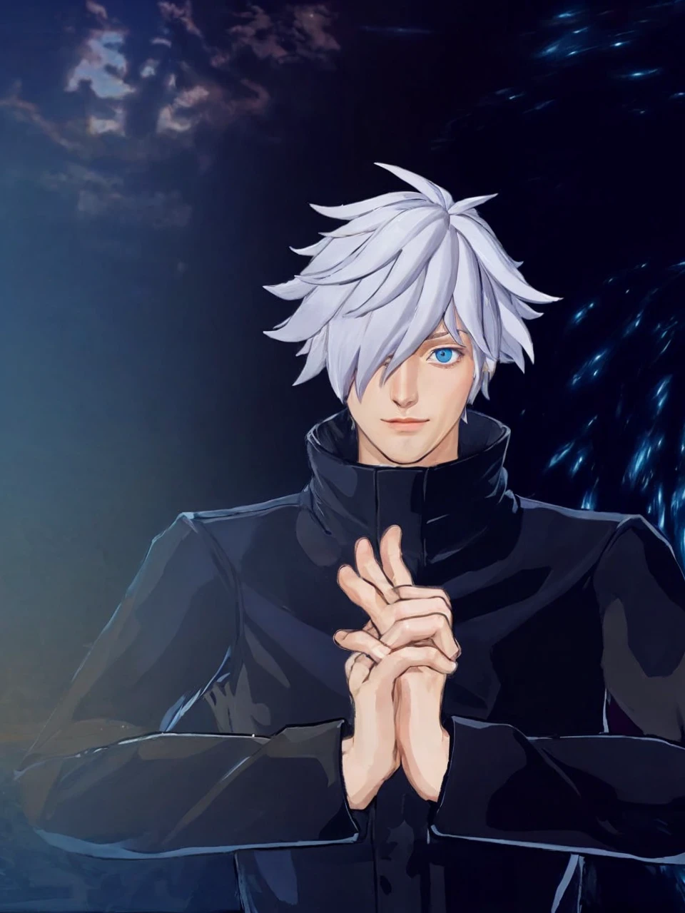 The image features a male character with white hair and blue eyes, sitting in a chair with his hands clasped together in front of him,8k.