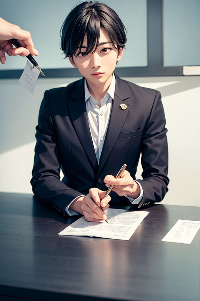 "A professional office setting with an interviewer sitting behind a desk, holding out a pen to a young man sitting across from him. The interviewer looks confident while Yamada appears calm and observant.