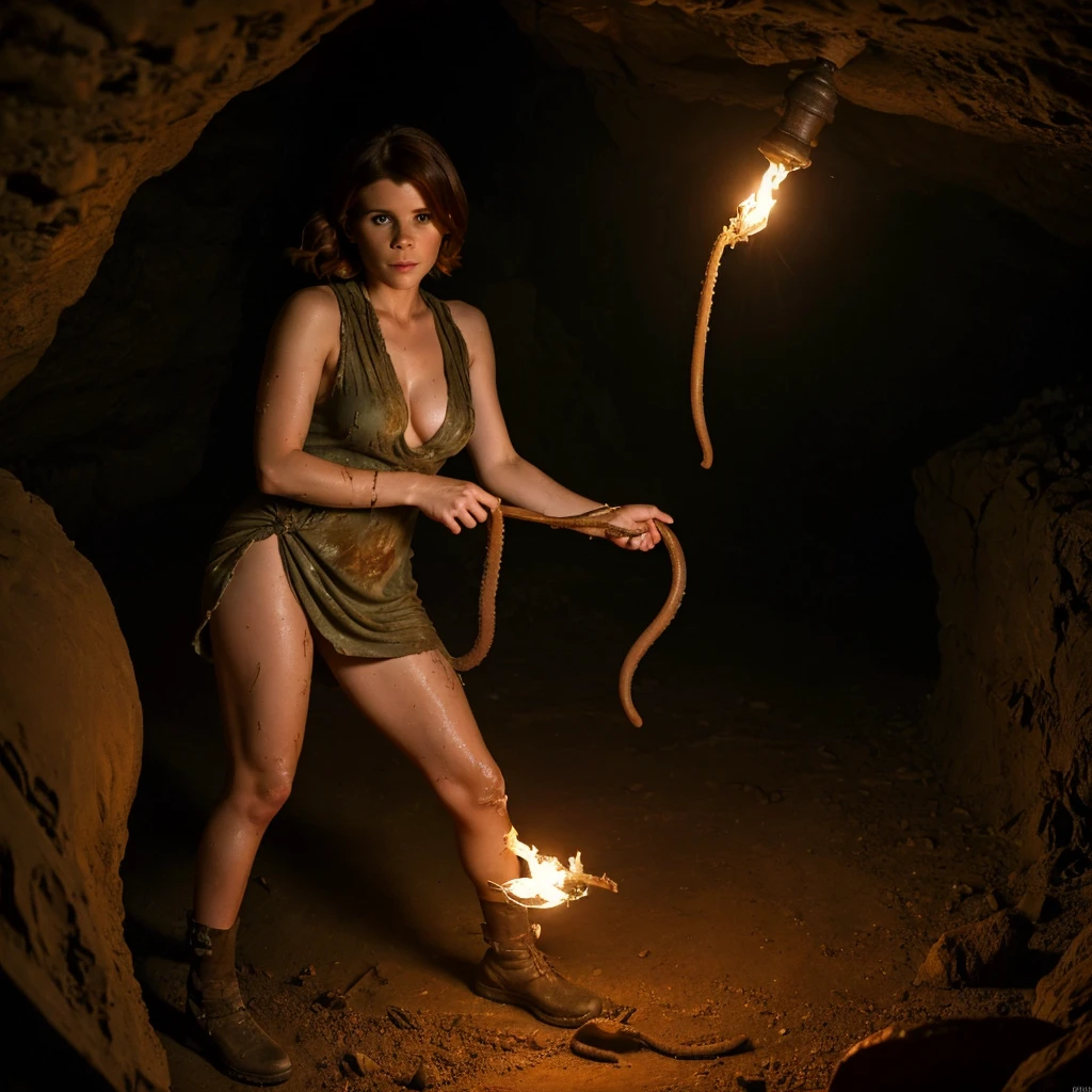 A cute woman (Kate Mara, age 25, dirty, scrapes and scratches, dressed in rags of a torn summer dress) is wielding a torch trying to keep a horny tentacle beast at bay, slimy cavern
