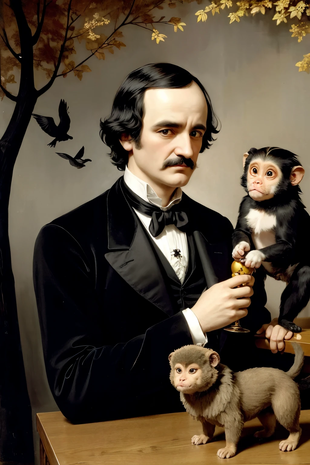 Edgar Allan Poe with his wife and animals (cat black, birds, golden fishes, a dog, rabbits and a little monkey)
