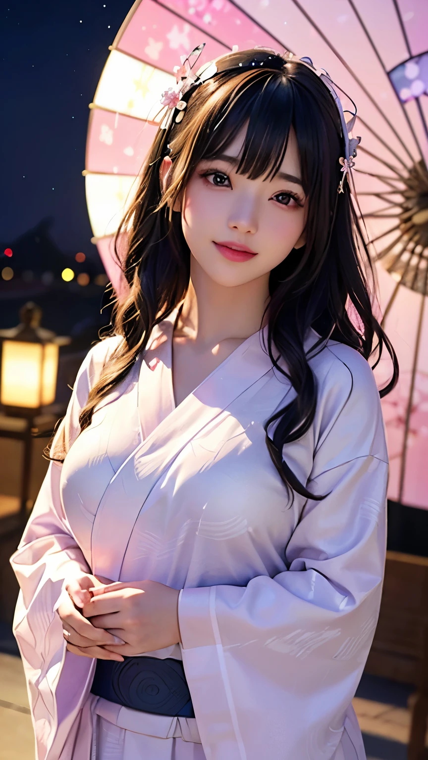 (logo、masterpiece、8K、Tabletop、RAW Photos、wonderful、最high quality、フォトリアリスティックでVery detailedな CG 複合 8K 壁紙、high quality、Very detailed、Narrative poem、Particle Effects、Dynamic Effects、Depth of the Boundary、Cinematic Light、Lens flare、Ray Tracing)、 (One beautiful woman wearing a yukata、White yukata、Light purple pattern)、Black-haired、High definition skin、Very fine、Fine skin texture、Beautiful Face、True Face、Beautiful details in the eyes、Realistic eyes、Beautifully detailed eyes、Realistic Skin、Beautiful Skin、Surreal、Smiling Eyes、Hair and light eyes、vivid、Colorful lights and bokeh、plump lower lip、Pink Lips、Hair flutters in Wind、Hair bounces、wonderful景色、night、evening、Wind、moonlight、moonlight、light