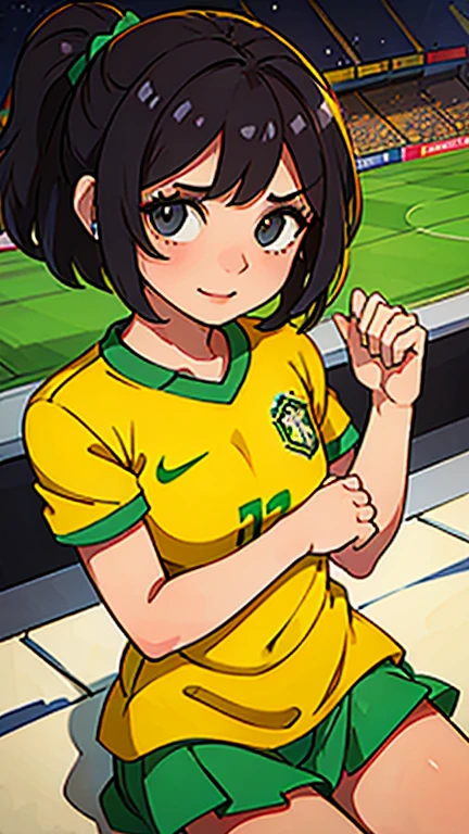 a girl wearing the Brazilian national team shirt cheering for Brazil during a football match