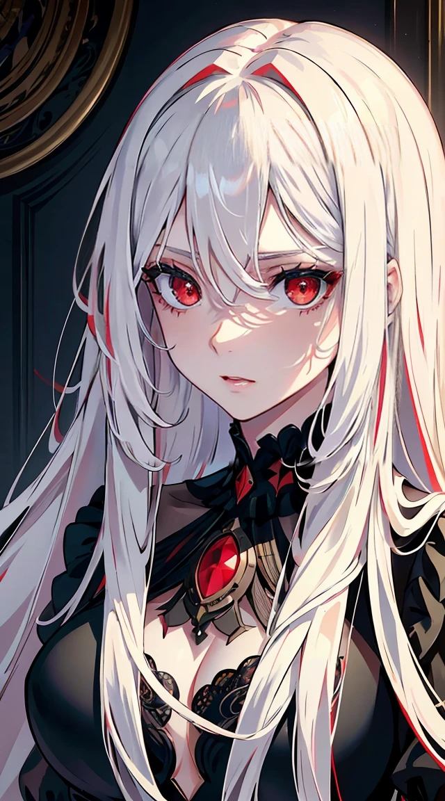 pretty girl,Eyes red,red pupils,long white hair,Hiperresolução,precision,detailed rendering,(Subtle facial image)(Thin hair image)(maximum quality)(Masterpieces by masters)(High degree of completeness)(a sense of atmosphere)Masterpiece artwork,Super detailed and super detailed(retrato de meio corpo)wearing a black velvet dress