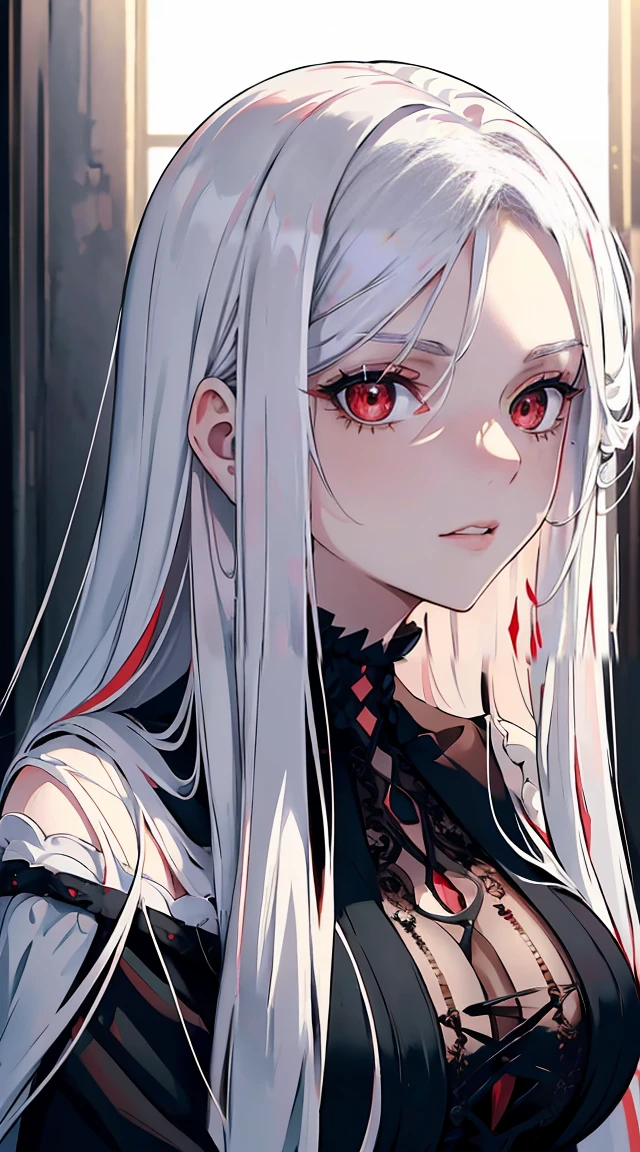 pretty girl，Eyes red，red pupils，long  white hair，Hiperresolução，precision，detailed rendering，（Subtle facial image）（Thin hair image）（maximum quality）（Masterpieces by masters）（High degree of completeness）（a sense of atmosphere）Masterpiece artwork，Super detailed and super detailed（retrato de meio corpo）wearing a black velvet dress
