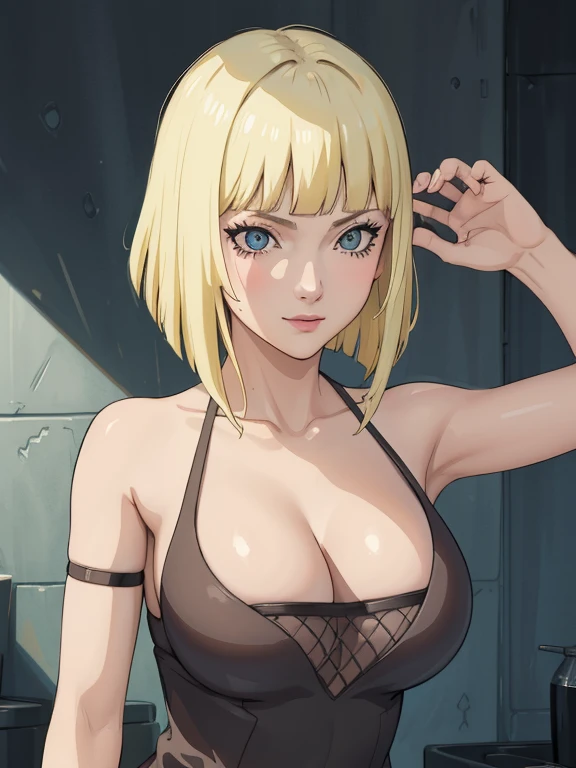 Best quality, masterpiece, ultra high res, 1girl, sexy, in the dark, deep shadow, low key, cold light, milf, blonde, dynamic light, cinematic lighting, cinematic lighting, down blouse, mature woman, middle parted hair, nsfw, natural breast, upper body, milf, samui, simple smile, armpits visible, detailed armpits, sweaty armpits