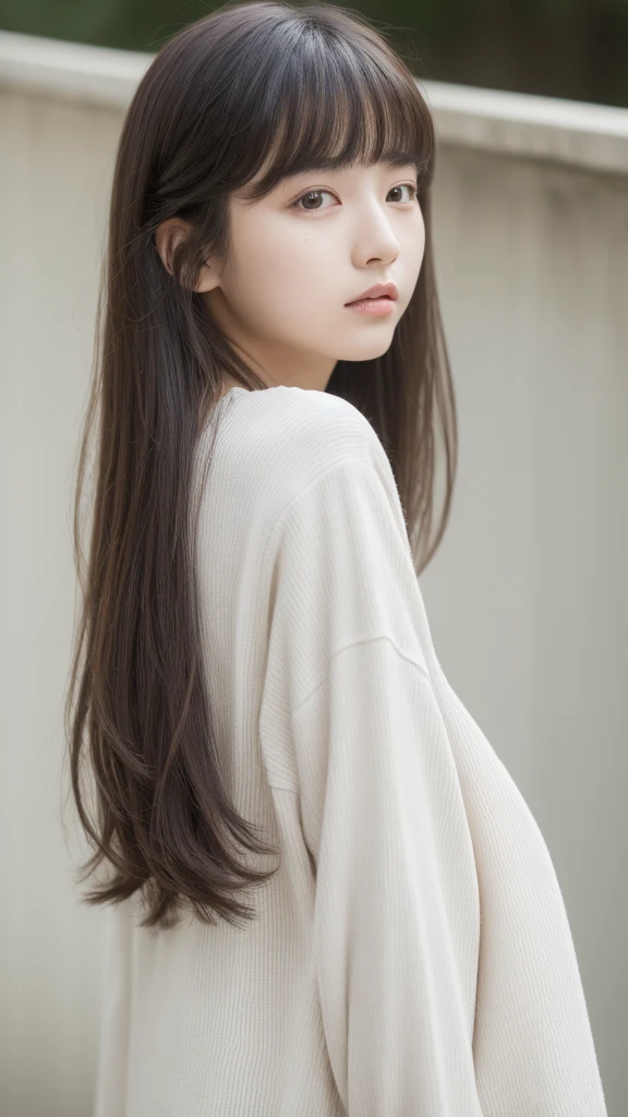 (top-quality、16K resolution) 1 girl、solo、natural soft light、Looking at the camera、Long sleeve white T-shirt、Concrete background、Facing the front、is standing、bobhair、Woman in her late teens、Light bangs、short-hair、Salon model、Natural look、portlate、floated hair、Rolled hair