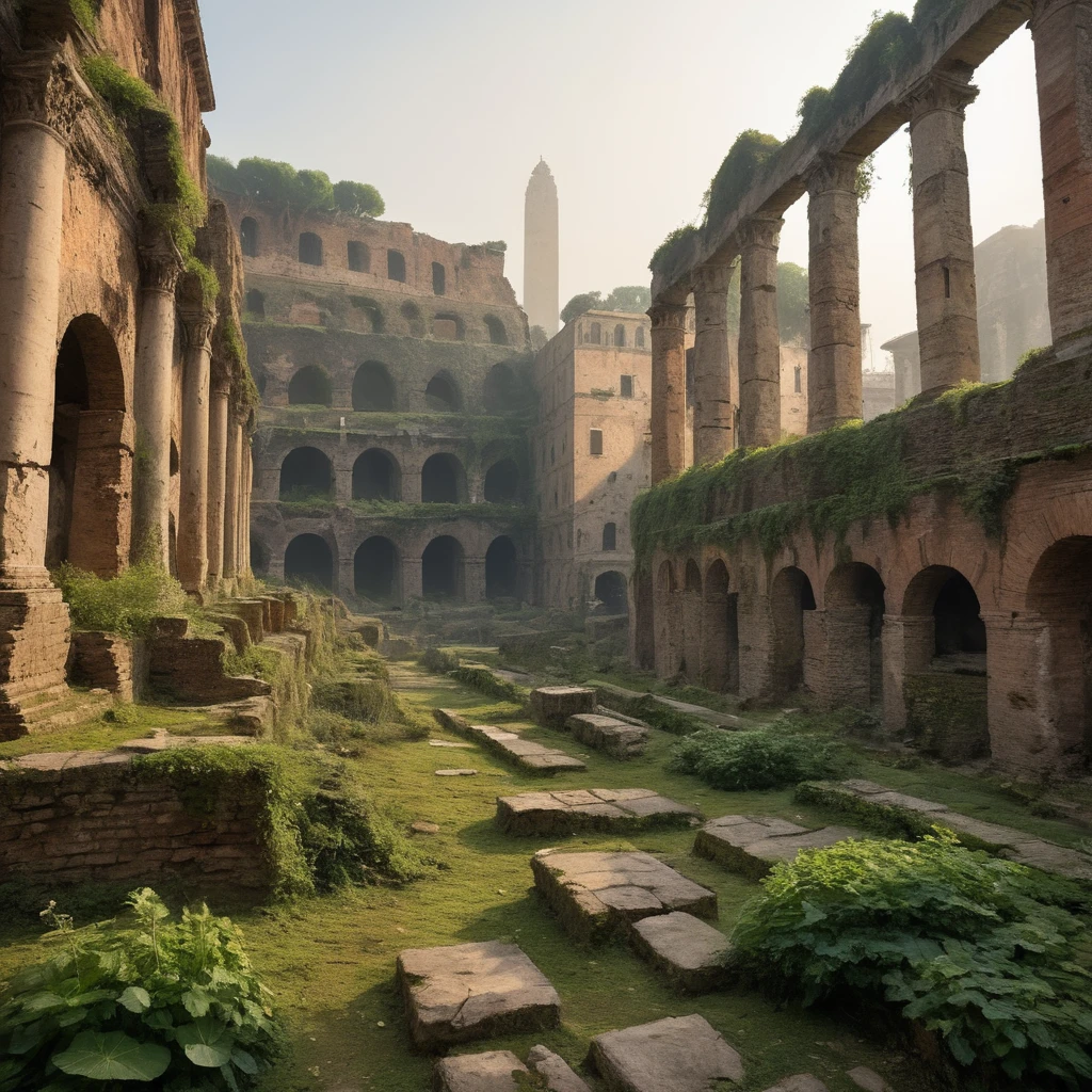 scenario: The historic center of Rome, with the Colosseum and the Roman Forum, abandoned for years, post-war with lots of destruction and chaos, something apocalyptic. The ancient ruins are even more deteriorated, with collapsed rocks and partially collapsed structures. Wild vegetation took over the place, with moss and vines covering the columns and arches. The stone streets are cracked and covered in rubble. A thick fog covers the area, creating an atmosphere of mystery and desolation. The soft light of dawn pierces the fog, highlighting the decaying grandeur of Roman ruins.

Camera: Low angle panoramic view, capturing the extent of the Colosseum and the Roman Forum, with fog enveloping the place. Soft natural early morning lighting, emphasizing the colors of the moss and plants, as well as the details of the historic ruins. Adjust focus to capture fog, adding depth and mystery to the setting.