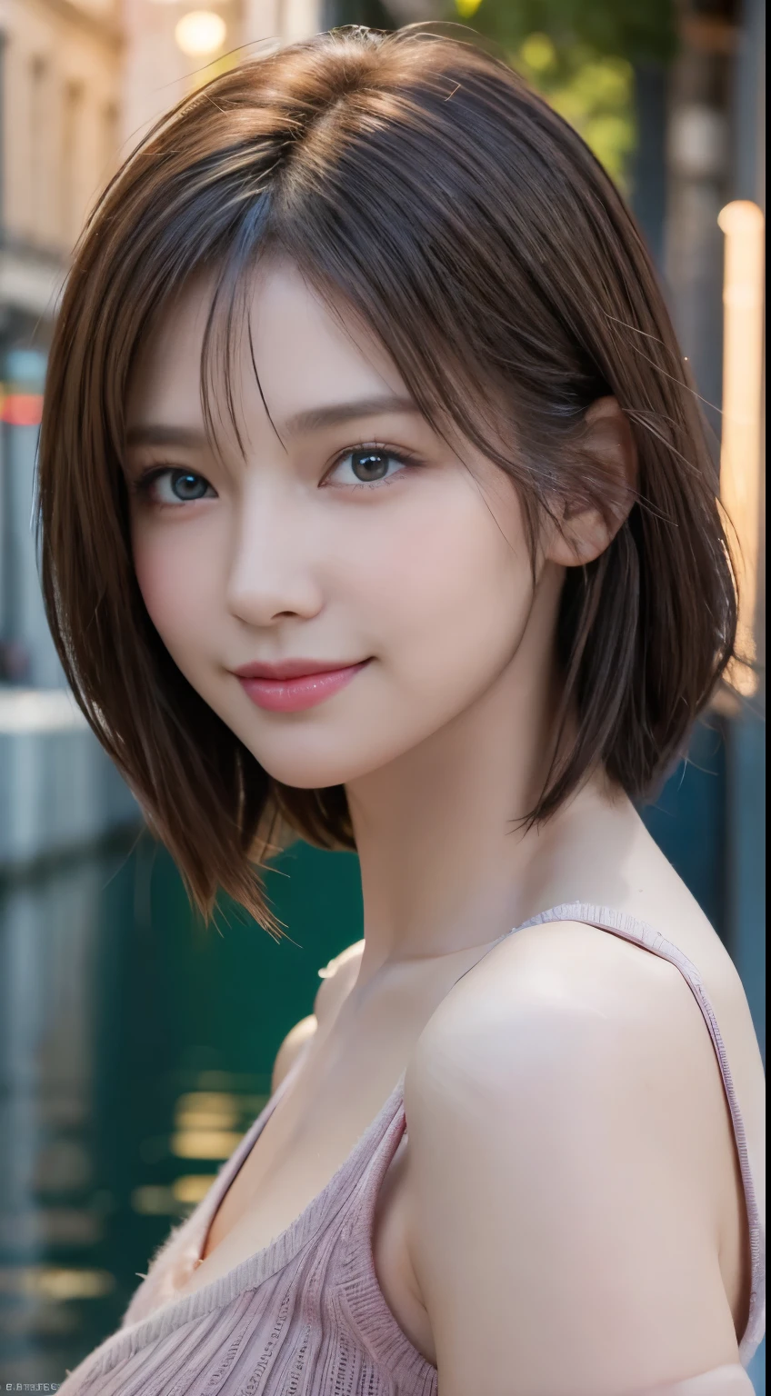 (logo, masterpiece, 8K, Tabletop, RAW Photos, wonderful, 最high quality, Photorealistic and very detailed CG composite 8k wallpaper, high quality, Very detailed, Narrative poem, Particle Effects, Dynamic Effects, Depth of the Boundary, Cinematic Light, Lens flare, Ray Tracing), short hair beautiful young woman, Hair tied back, high detail skin, very fine, fine skin texture, beautiful face, realistic eyes, beautifully detailed eyes, realistic skin, beautiful skin, surreal, smiling eyes, Hair and light eyes, Vibrant, Colorful lights and bokeh. The lighting casts a warm glow on her face and hair, Blue glow, Water surface reflection, Creates a dreamy and magical atmosphere, Big Breasts, Brown Hair, short hair, plump lower lip, pink blush on the cheeks , pink lips, brown tight no-shoulder knit sweater