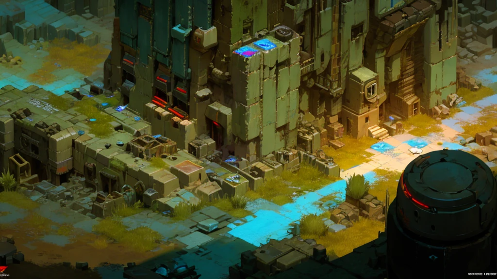 a futuristic abandoned cosmodrome, isometric rpg battle map, vivid cyberpunk colors, highly detailed, intricate machinery, glowing neon lights, crumbling concrete, rusty metal textures, overgrown vegetation, dramatic lighting, cinematic atmosphere, epic scale, advanced technology, industrial aesthetic, decaying infrastructure, complex architecture, advanced computer systems, sci-fi technology, futuristic design, moody color palette, dramatic shadows, volumetric fog, photorealistic, 8k, masterpiece