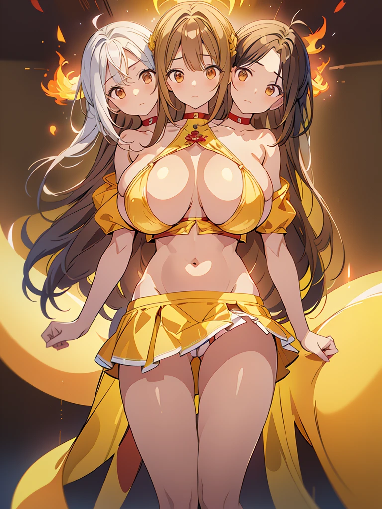 (masterpiece, best quality), best quality, best resolution, (3heads:1.5), 1girl, firefighter, very long hair, in fire, breathing hard, panicking, protective miniskirt, yellow themed clothes, brown eyes, arms out, huge tits, open belly, 