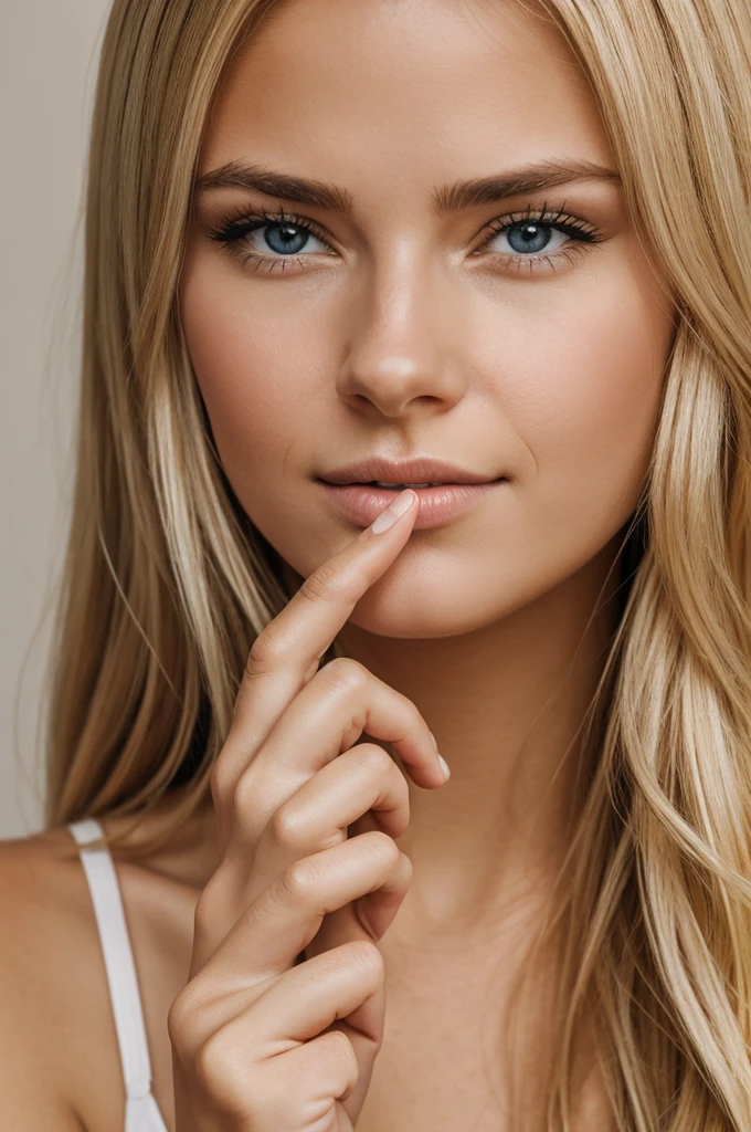 realistic photo of a young blonde woman with her finger resting on her nose
