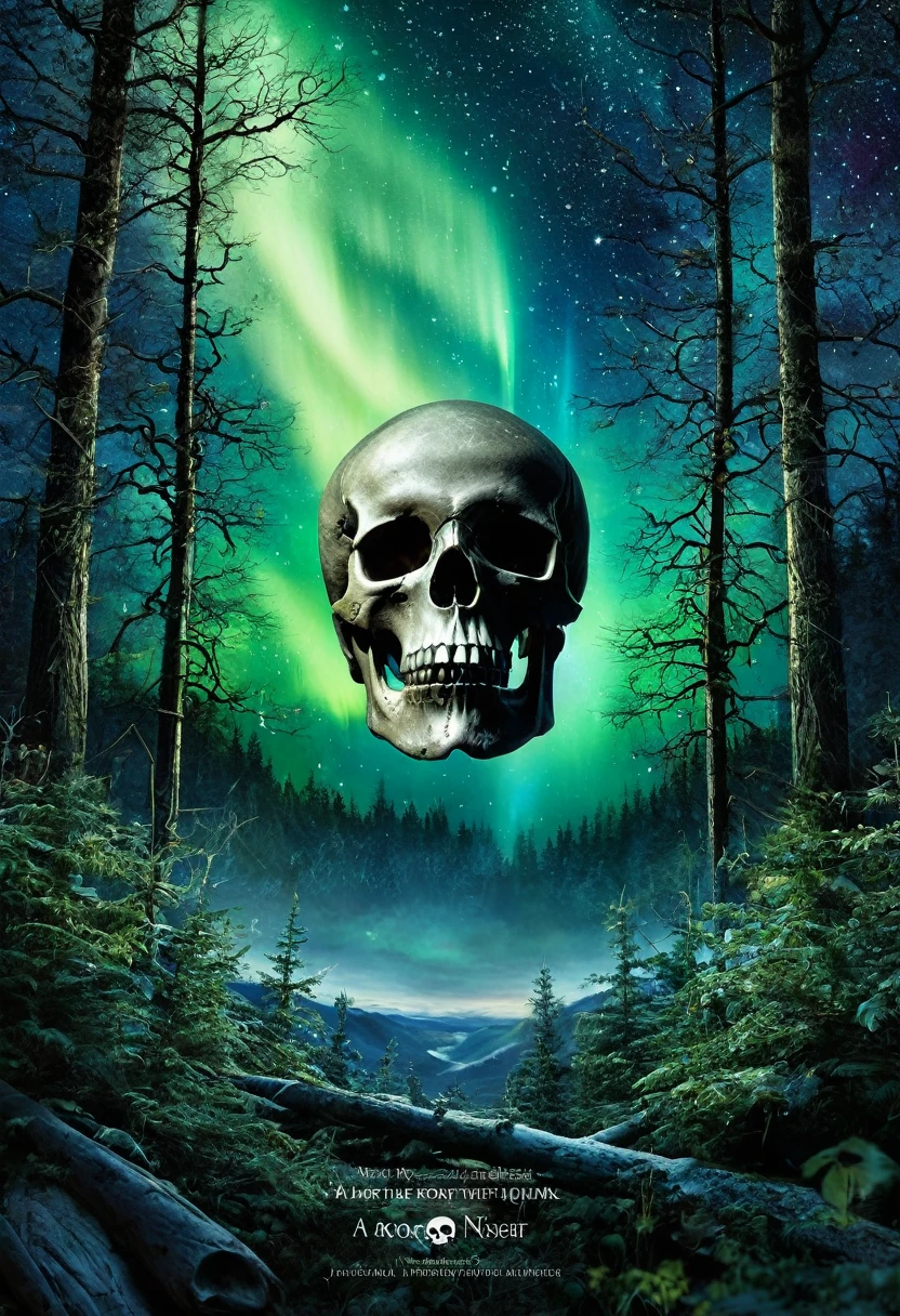 ((work of art)),((best qualityer)),((high détail)),((realisitic)), ((Cover for a book)) A forest at night, a star shining in the middle, on the right side an aurora borealis , on the left side a skull